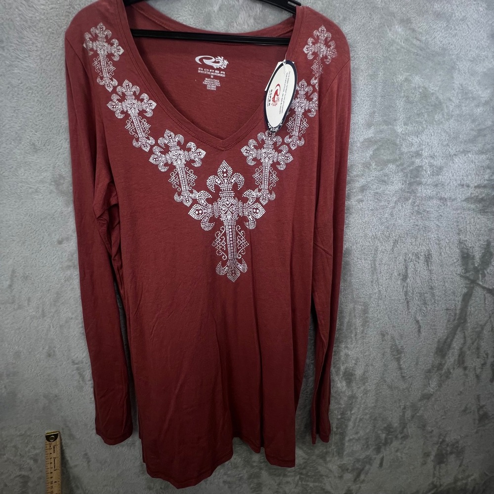 Roper Womens Rust Red Studded Cross Fleur De Lis Westernwear Cowgirl Tee Medium